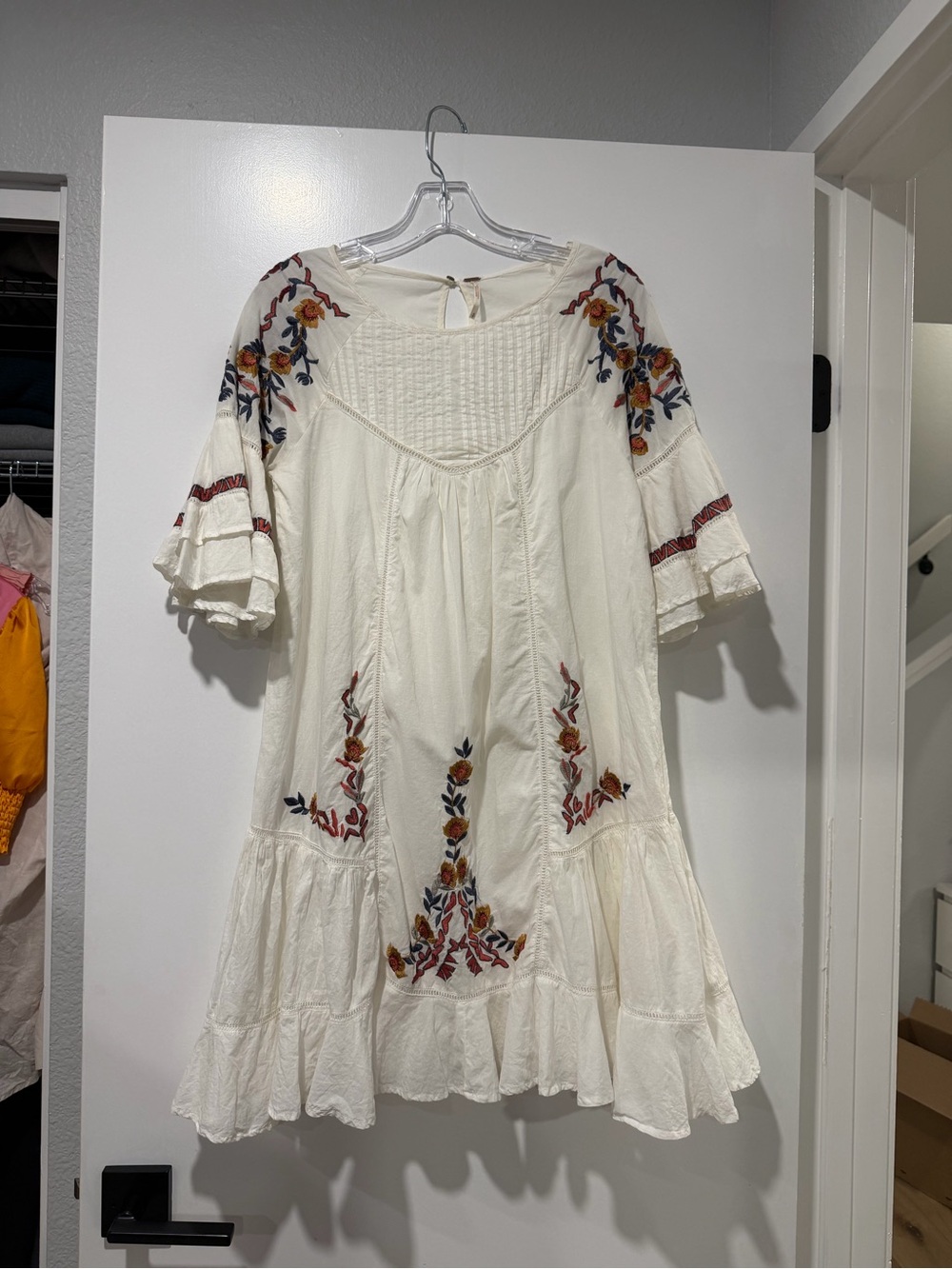 Free People Cream Mini Dress with Multicolor Floral Embroidery